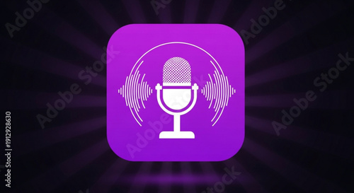 Purple microphone icon with sound waves on dark background symbolizing podcasting and audio recording technology