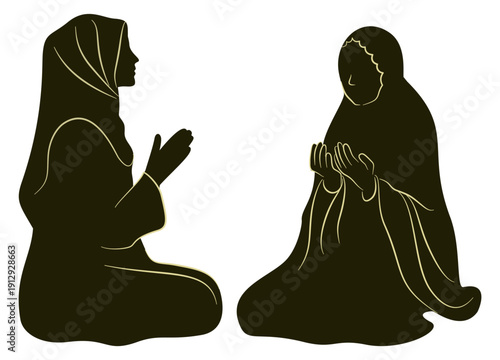 Dark silhouette illustration of two Muslim women sitting and praying, representing devotion, humility, and spiritual reflection.
