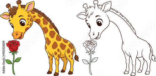Adorable Cartoon Baby Giraffe Gently Sniffing a Red Rose