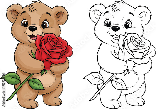 Adorable Happy Cartoon Bear Cub Holding a Large Red Rose