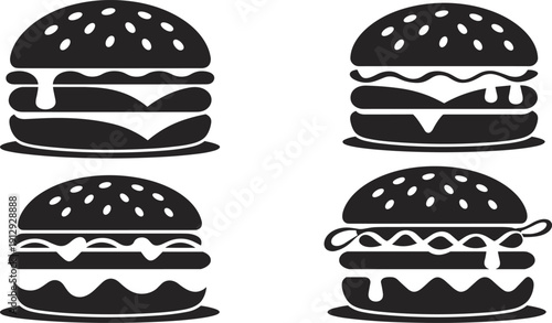 PrintSet of black burger icons featuring cheeseburgers and beef patties isolated on a white background for vector design,