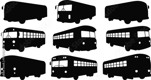 Vector collection of black bus silhouettes featuring school buses and city coaches isolated on white background for transport design,