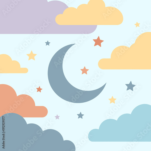 a colorful cartoon night sky with clouds and stars.