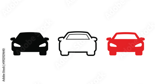 Three stylized car silhouettes in black white and red colors