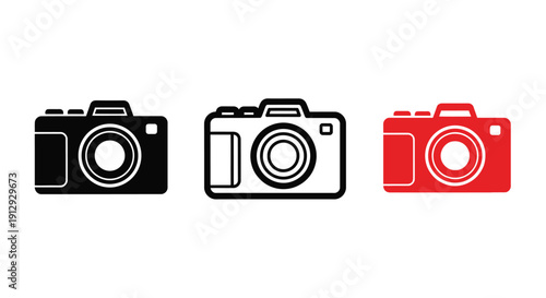 Three vintage camera icons in black white and red color schemes