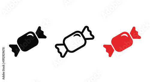 Three stylized candy wrappers in black white outline and red
