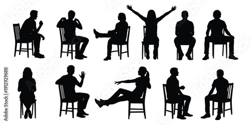 Silhouettes of people sitting on chairs in various poses