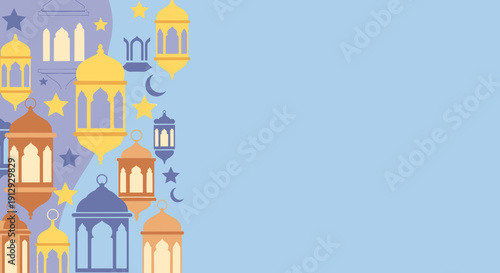 Ramadan lanterns and stars on blue background.