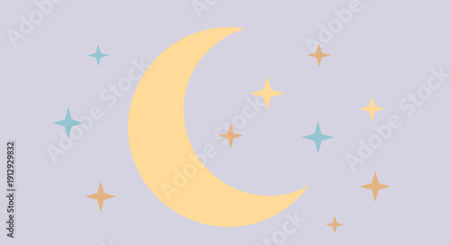 a yellow crescent moon with stars.