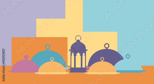 Colorful abstract shapes and covered dishes.