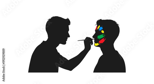 A person applying colorful face paint to another person's face with a brush, creating a vibrant artistic expression.