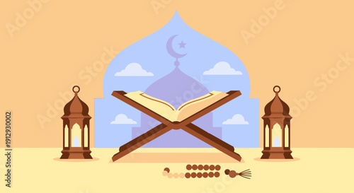 Islamic Ramadan background with Quran and lanterns.