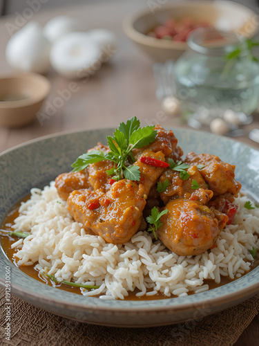 Traditional Malaysian dish ayam masak merah in the style of food photography