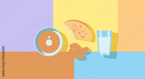 Colorful still life with breakfast foods.