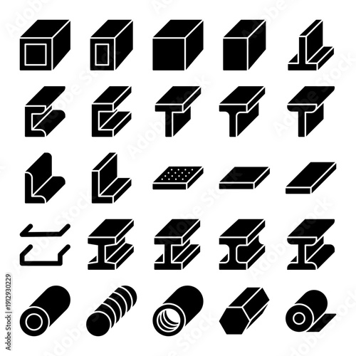 Steel Profile And Metal Section Icon Set Solid Silhouette