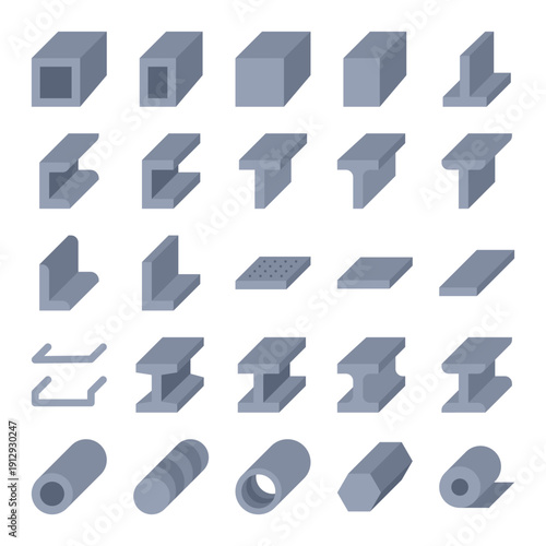 Steel Profile And Metal Section Flat Solid Icon Set Vector