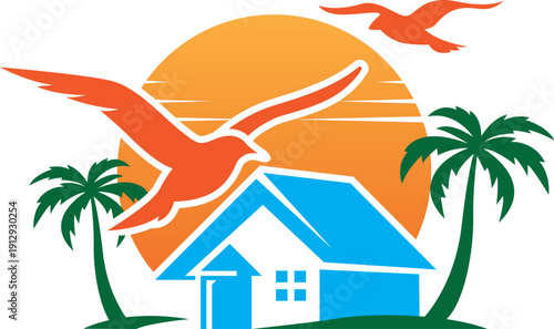 Beach House Bird Logo Tropical Travel Vacation Home