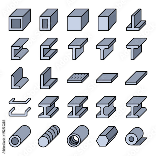Steel Profile And Metal Section Filled Outline Icon Set Vector