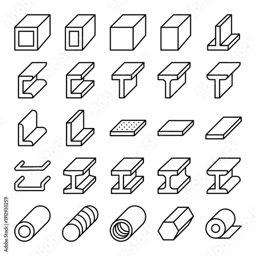 Steel Profile And Metal Section Line Icon Set Outline Vector