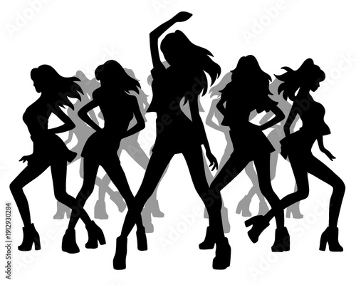 Black silhouette of beautiful female idol group, dancing with synchronized movements, vector illustration
