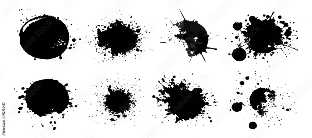 Fototapeta premium Black grungy paintbrush strokes collection with distressed splashes stains scratch. vector decorative banner template graphic background design set.