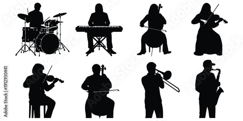 Silhouettes of musicians playing various instrument icon.