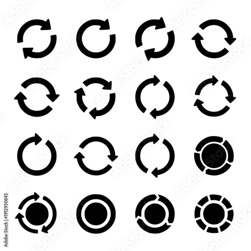 Black Circular Arrow and Loading Spinner Icons – Rotate, Repeat, Refresh Glyph Vector Set