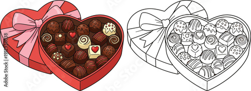 Valentines Day Chocolate Box Vector Illustration with Line Art
