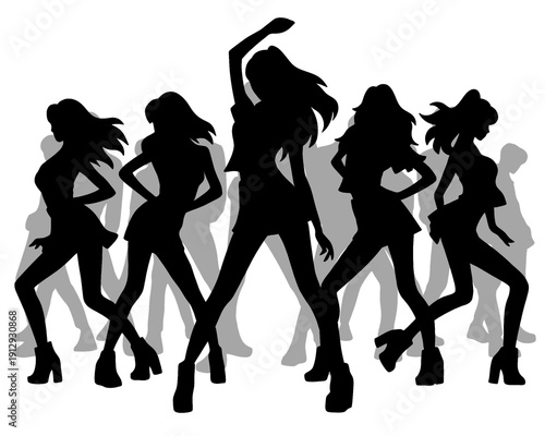 Black silhouette of beautiful female idol group, dancing with beautiful movements, vector illustration
