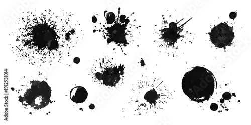 Black grungy paintbrush strokes collection with distressed splashes stains scratch. vector decorative banner template graphic background design set.