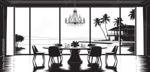 Black and white of dining room with table and chairs in front of large window overlooking tropical beach