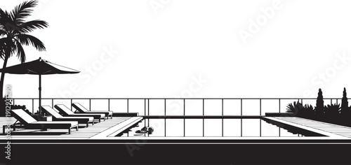Black and white of pool lounge chairs under palm tree and umbrella