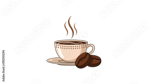 Fragrant cup of hot black coffee sits on a saucer with two roasted coffee beans and rising steam against a white background.