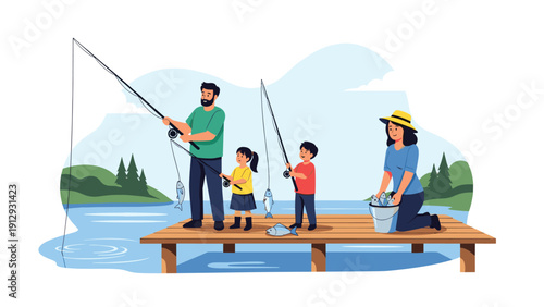 Happy family of four enjoying a sunny day fishing together from a wooden pier on a calm lake surrounded by mountains and evergreen trees.