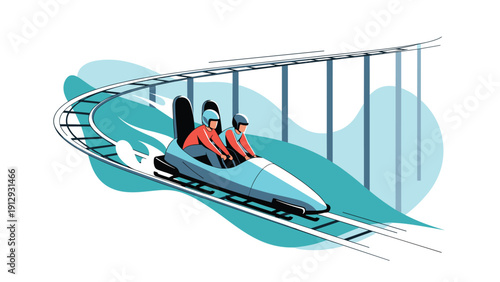 Two athletes in helmets and red shirts racing down a steep track in a bobsleigh against a stylized blue background showing fast motion.