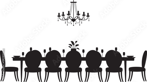 Black silhouette of dining room table with chairs and chandelier dining table plant wine glasses