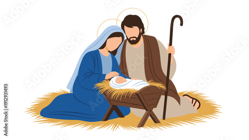 Artistic depiction of the Nativity scene featuring Mary and Joseph looking down at baby Jesus lying in a manger on a bed of yellow hay.