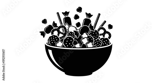 A black and white silhouette of a bowl overflowing with a variety of sweet and savory snacks, including candies, popcorn, and pretzels.