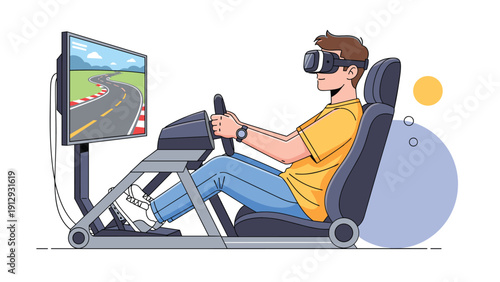 Young man using a virtual reality headset and steering wheel to play a professional racing game on a specialized simulator rig.