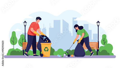 Volunteers working together to clean up a public park by collecting trash into bags and using a recycling bin in a city setting.