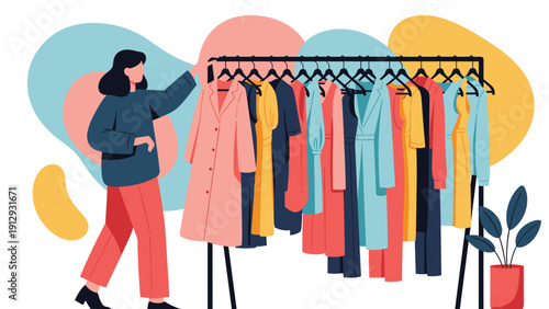 Stylish young woman browsing a clothing rack full of colorful dresses and coats in a trendy boutique or department store.