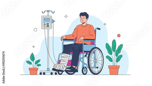 Injured man sitting in a wheelchair with a cast on his leg while connected to an intravenous drip system in a hospital ward.