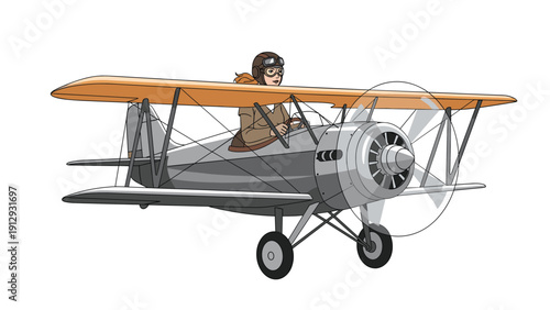Classic vintage biplane piloted by a female aviator wearing traditional goggles and leather helmet flying against a white background.