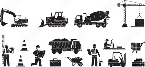 Construction site equipment and workers silhouettes