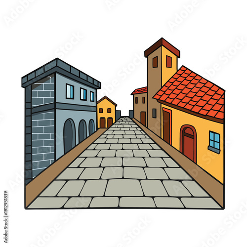 Cartoon vector illustration of a narrow cobblestone street with traditional European-style buildings in one-point perspective, isolated on a transparent background.