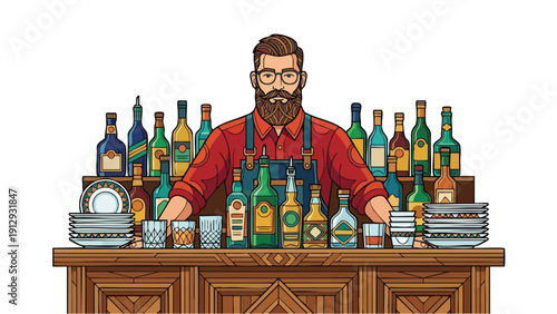 Bearded bartender standing behind a bar with bottles.