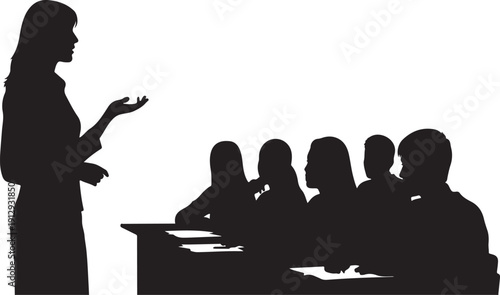 A teacher standing and giving a lecture to a group of students in a classroom setting