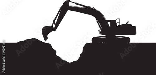 Excavator silhouette digging into ground construction heavy machinery