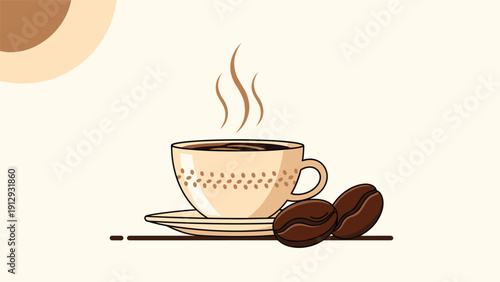 Steaming cup of fresh black coffee served on a saucer next to roasted coffee beans on a minimalist background for a clean look.