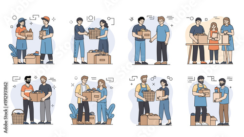 Multi-ethnic group of volunteers packing boxes with supplies for donation and community support in a collage of helpful activities.